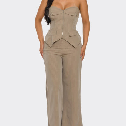 Power Structure Corset Top and Pinstripe Wide-Leg Trouser Set in Mocha - Front View 