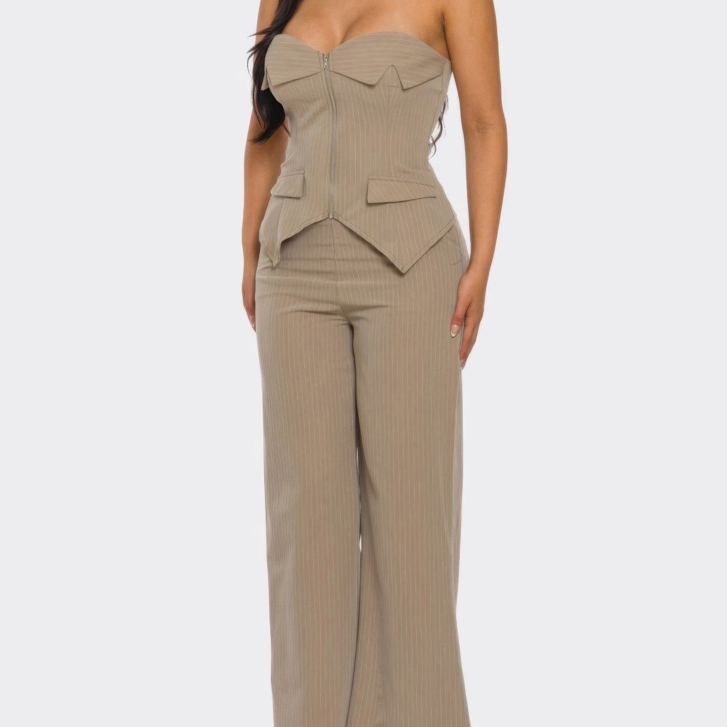 Power Structure Corset Top and Pinstripe Wide-Leg Trouser Set in Mocha - Side View 