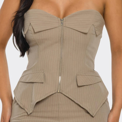 Power Structure Corset Top and Pinstripe Wide-Leg Trouser Set in Mocha - Detail View