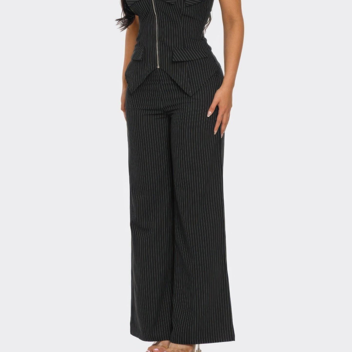 Power Structure Corset Top and Pinstripe Wide-Leg Trouser Set in Black - Side View