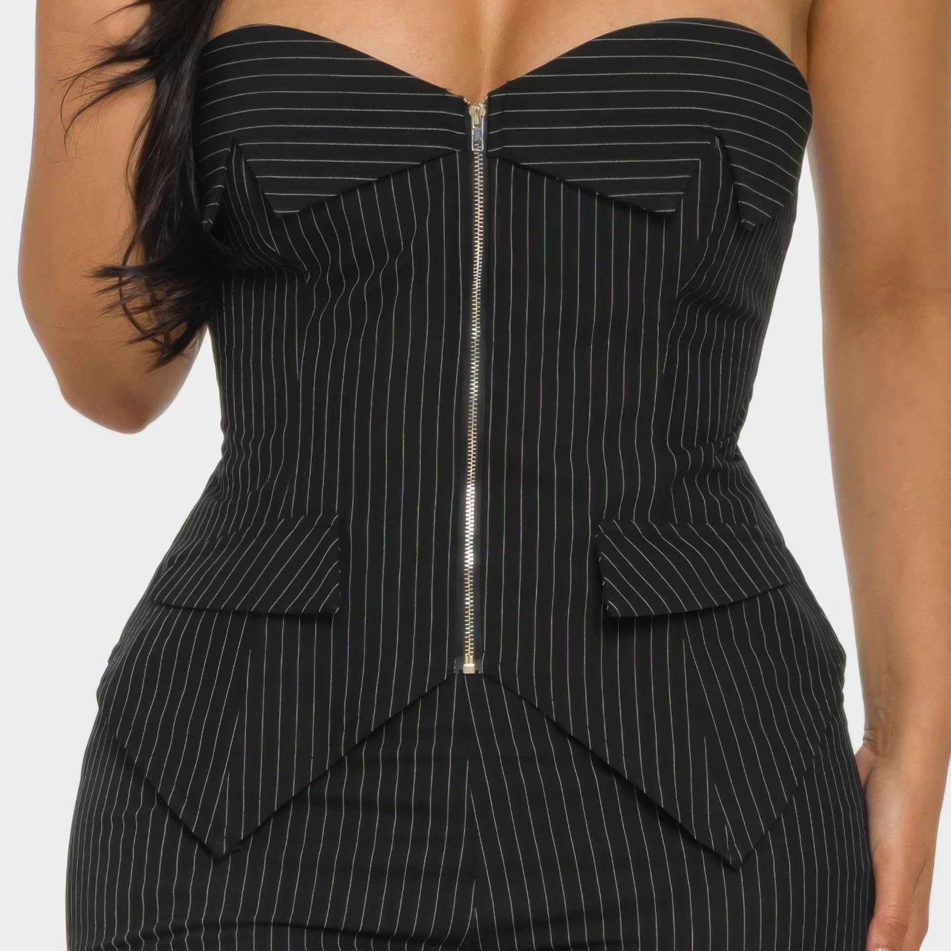 Power Structure Corset Top and Pinstripe Wide-Leg Trouser Set in Black - Detail View 