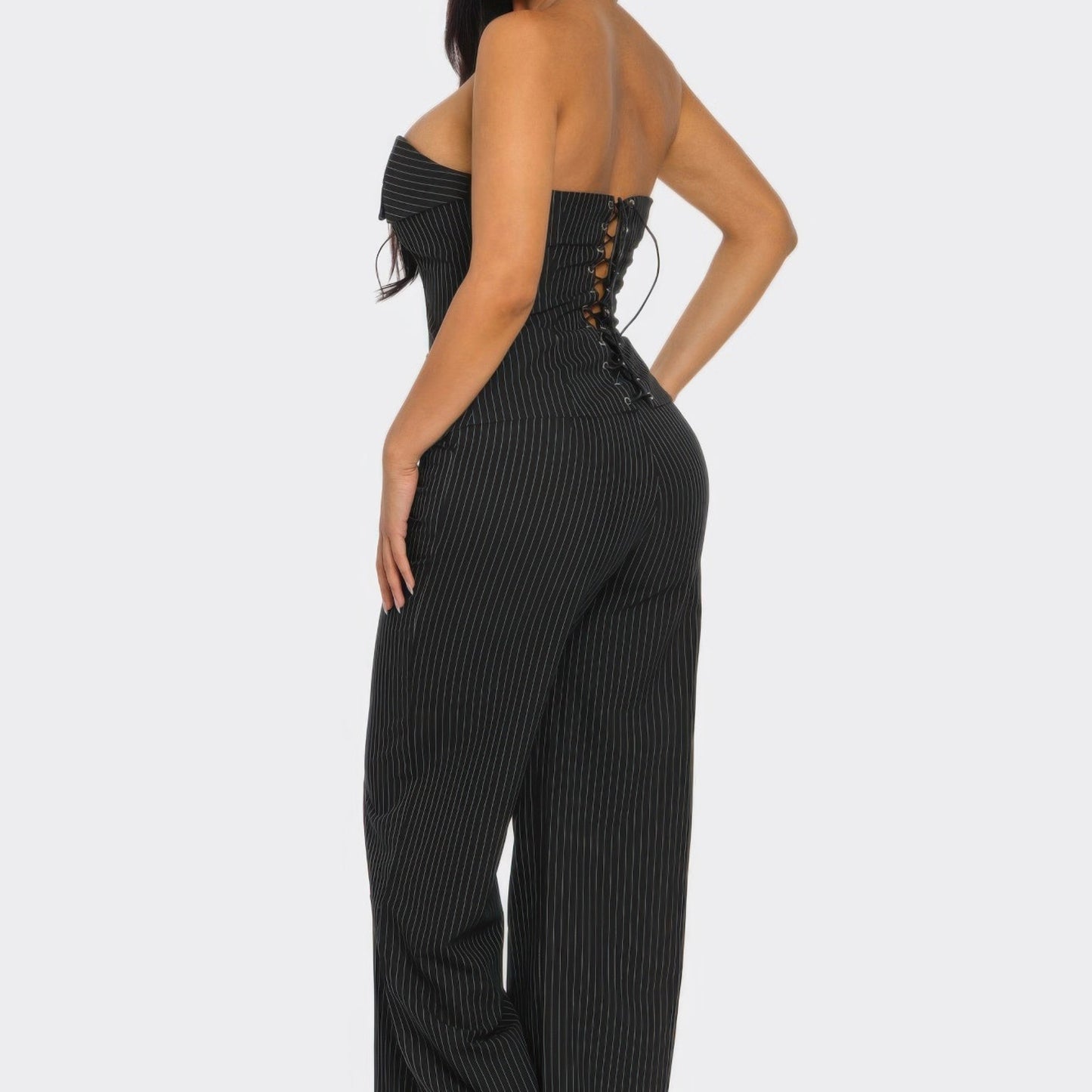 Power Structure Corset Top and Pinstripe Wide-Leg Trouser Set in Black - Back View 