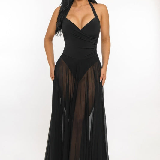 Siren's Veil Plunging Halter Sheer Chiffon Maxi Dress in Black - Front View 