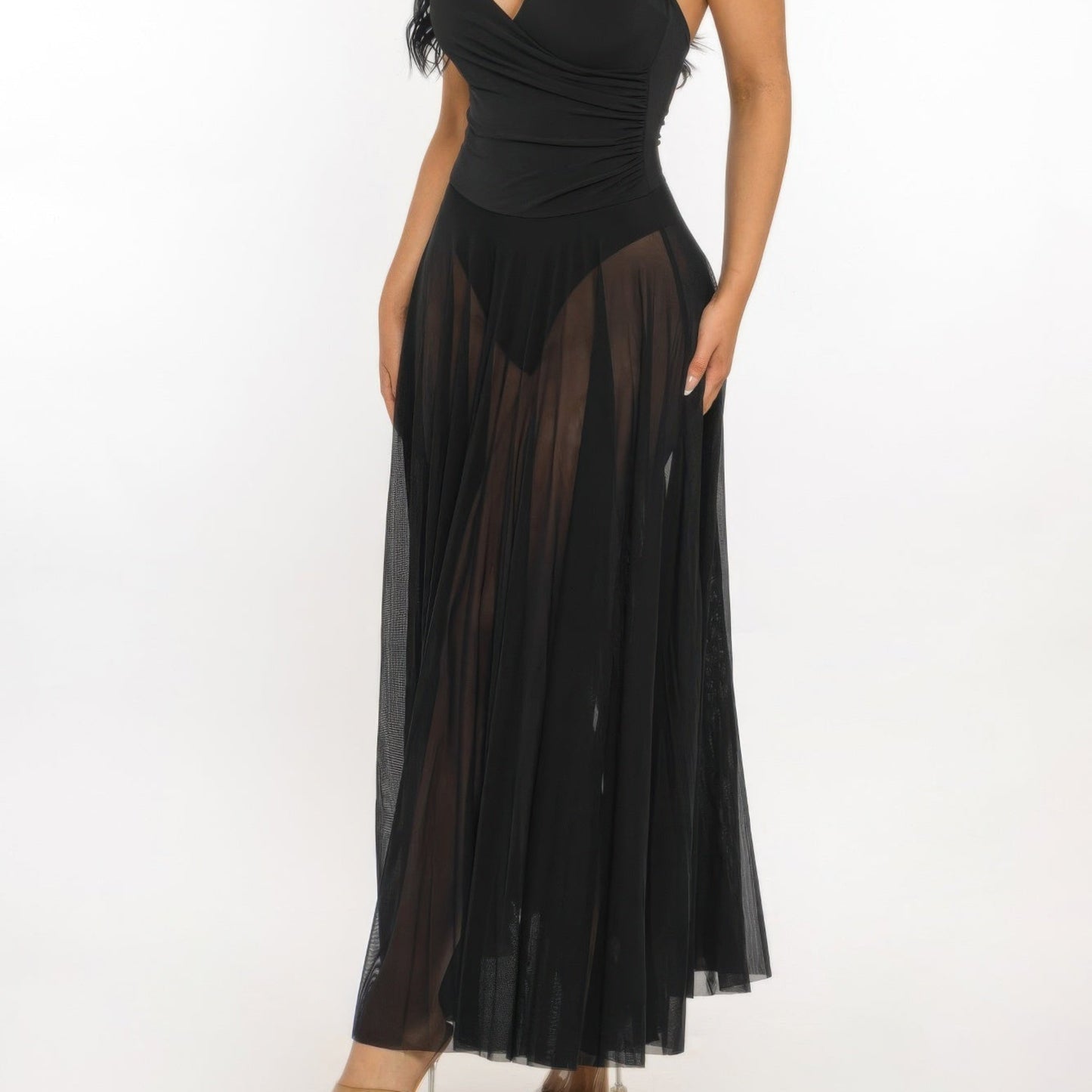 Siren's Veil Plunging Halter Sheer Chiffon Maxi Dress in Black - Side View