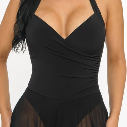 Siren's Veil Plunging Halter Sheer Chiffon Maxi Dress in Black - Detail View