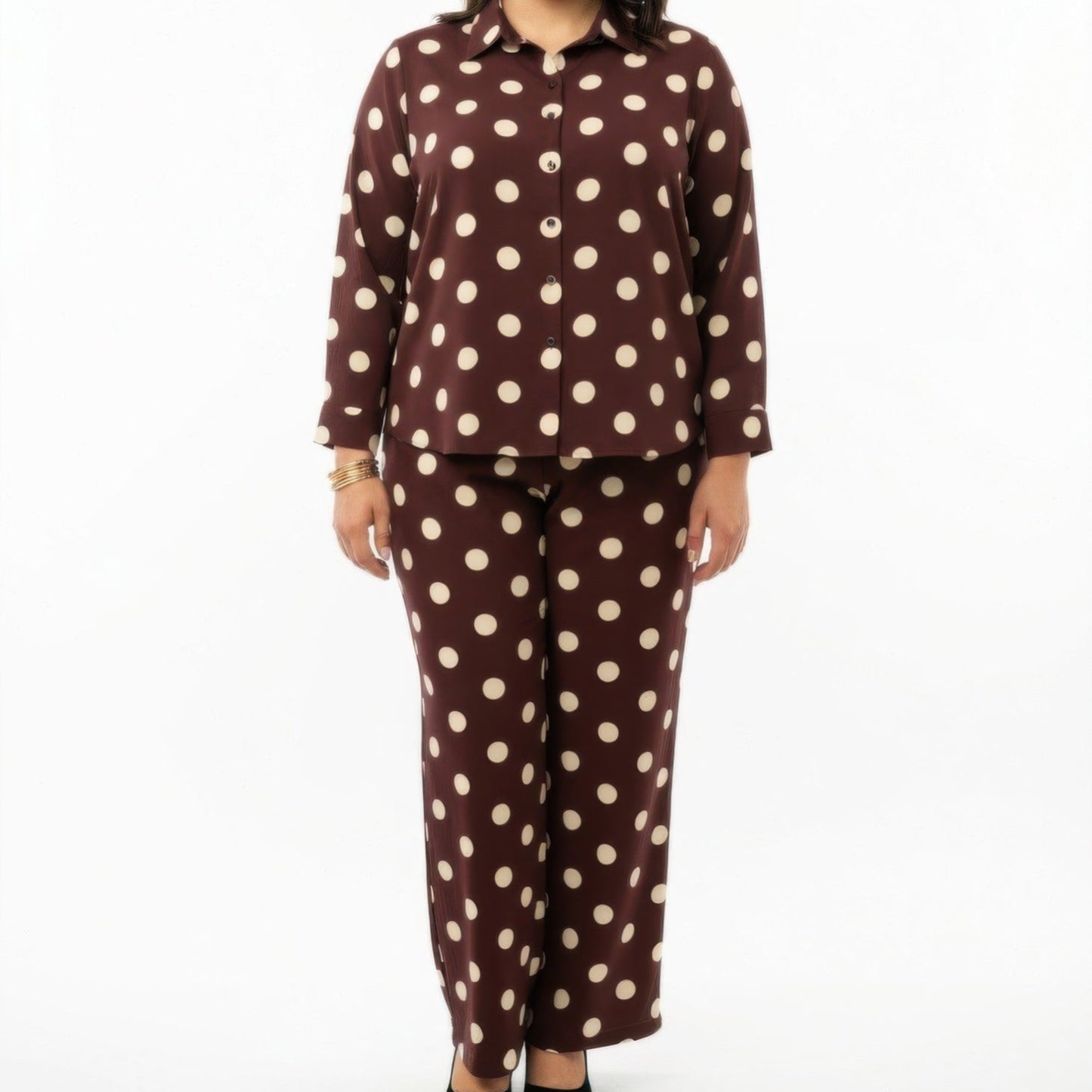 Polka Dot Button-Up Top and Wide-Leg Pants Set in Brown - Front View