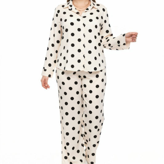 Polka Dot Button-Up Top and Wide-Leg Pants Set in Beige - Front View
