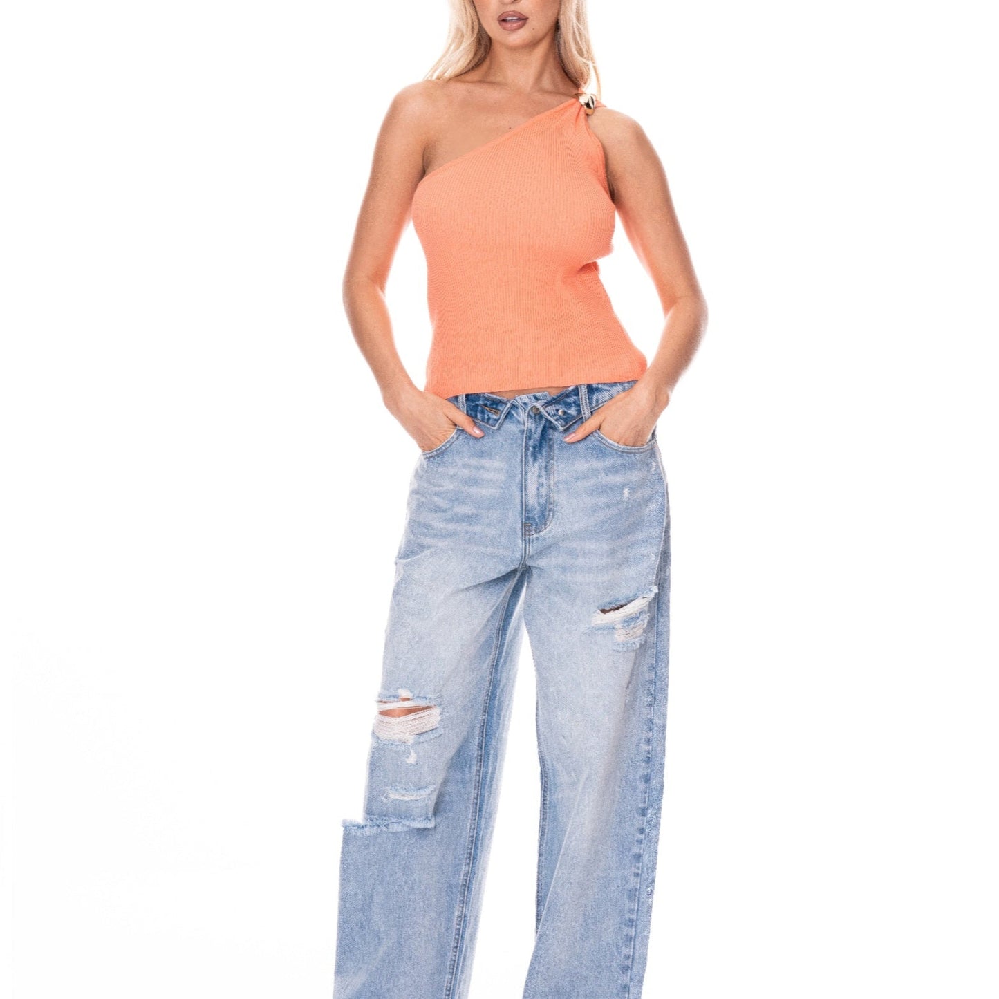 One Shoulder Top in Peach - Lifestyle view