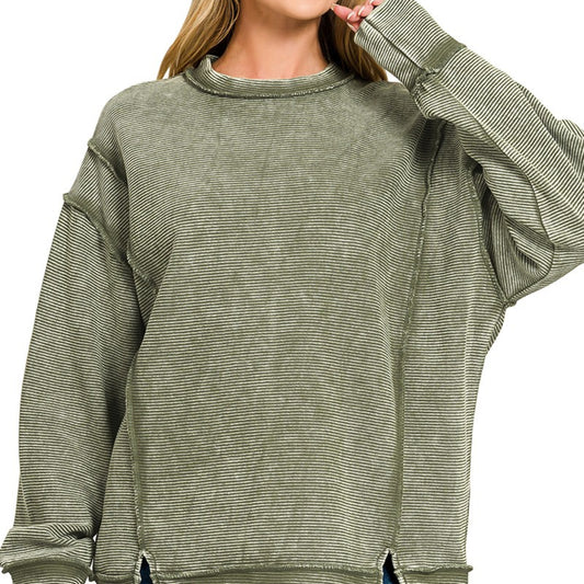 Zenana Dark Olive acid-washed sweatshirt with industrial exposed-seam detail.