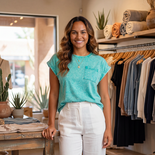 Woman in a turquoise shirt and white pants standing in a clothing store.
