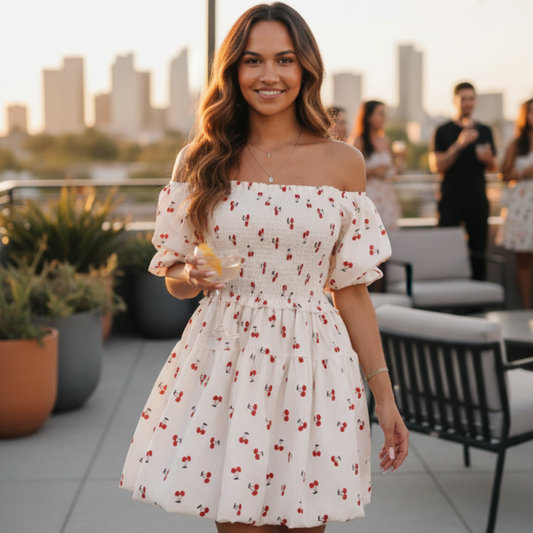 Woman in a white dress with red patterns on a rooftop with city skyline in the background