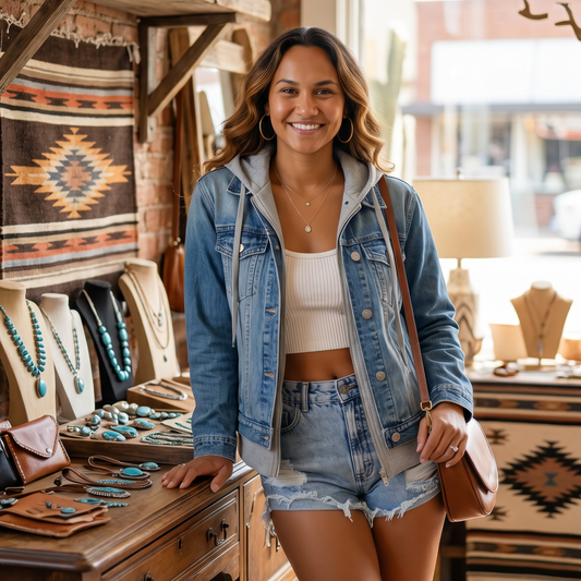 Woman wearing the Risen oversized hoodie denim jacket standing in a store with rustic decor and shelves displaying jewelry.