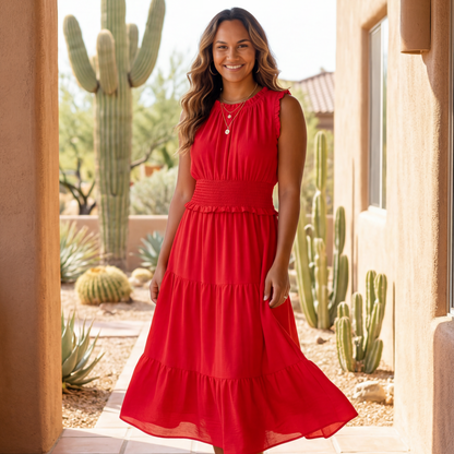 Woman in a red dress standing in front of a desert landscape with cacti.