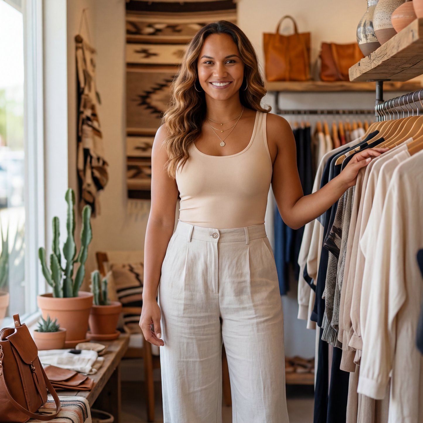 Women wearing a sand beige zenana zero seam tank top