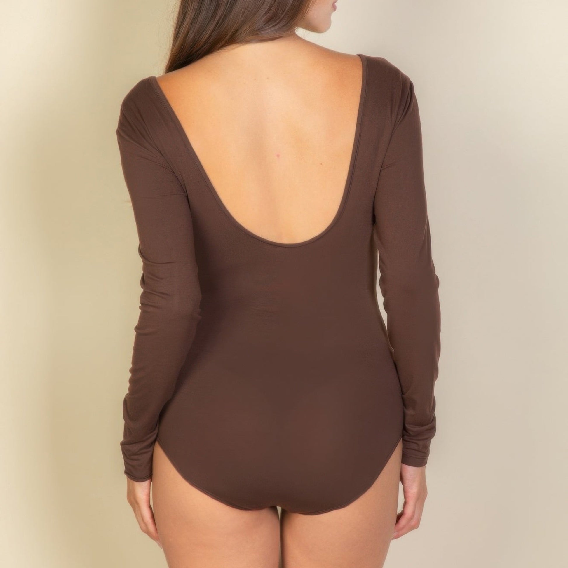  Scoop Neck Solid Long Sleeve Bodysuit in brown - back view 