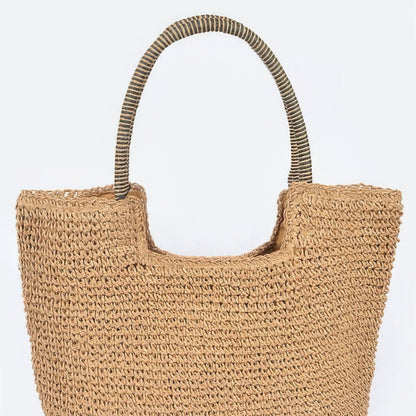 Faux Straw Tote Bag in Khaki - Front View