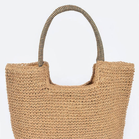Faux Straw Tote Bag in Khaki - Front View