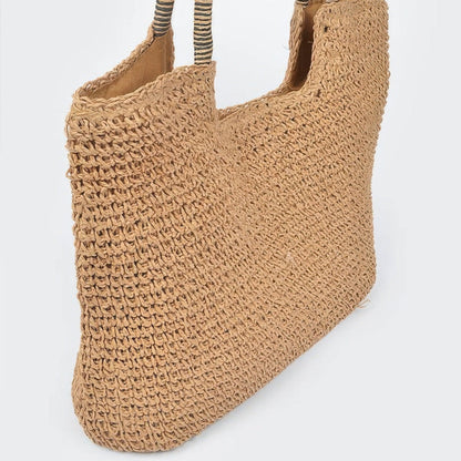 Faux Straw Tote Bag in Khaki - Side View