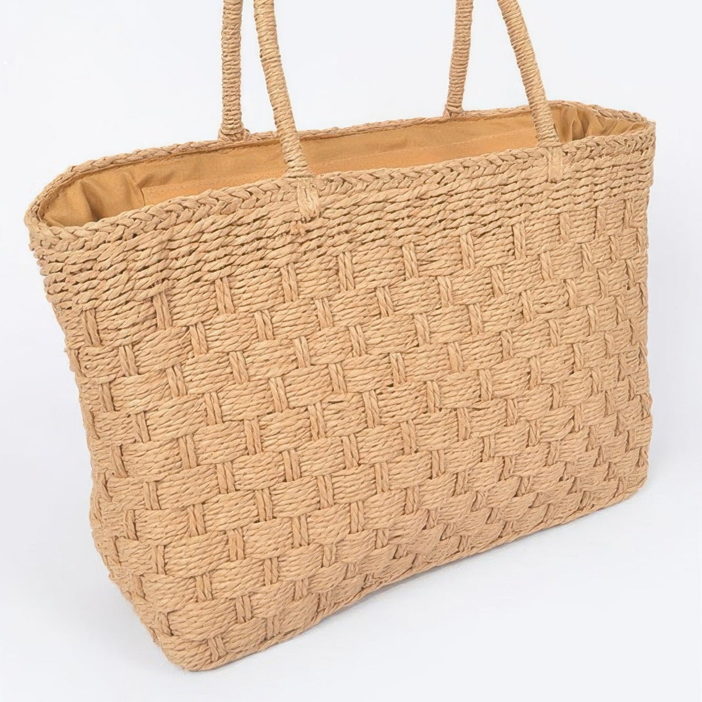 Straw Medium Tote Bag in Khaki - Side View