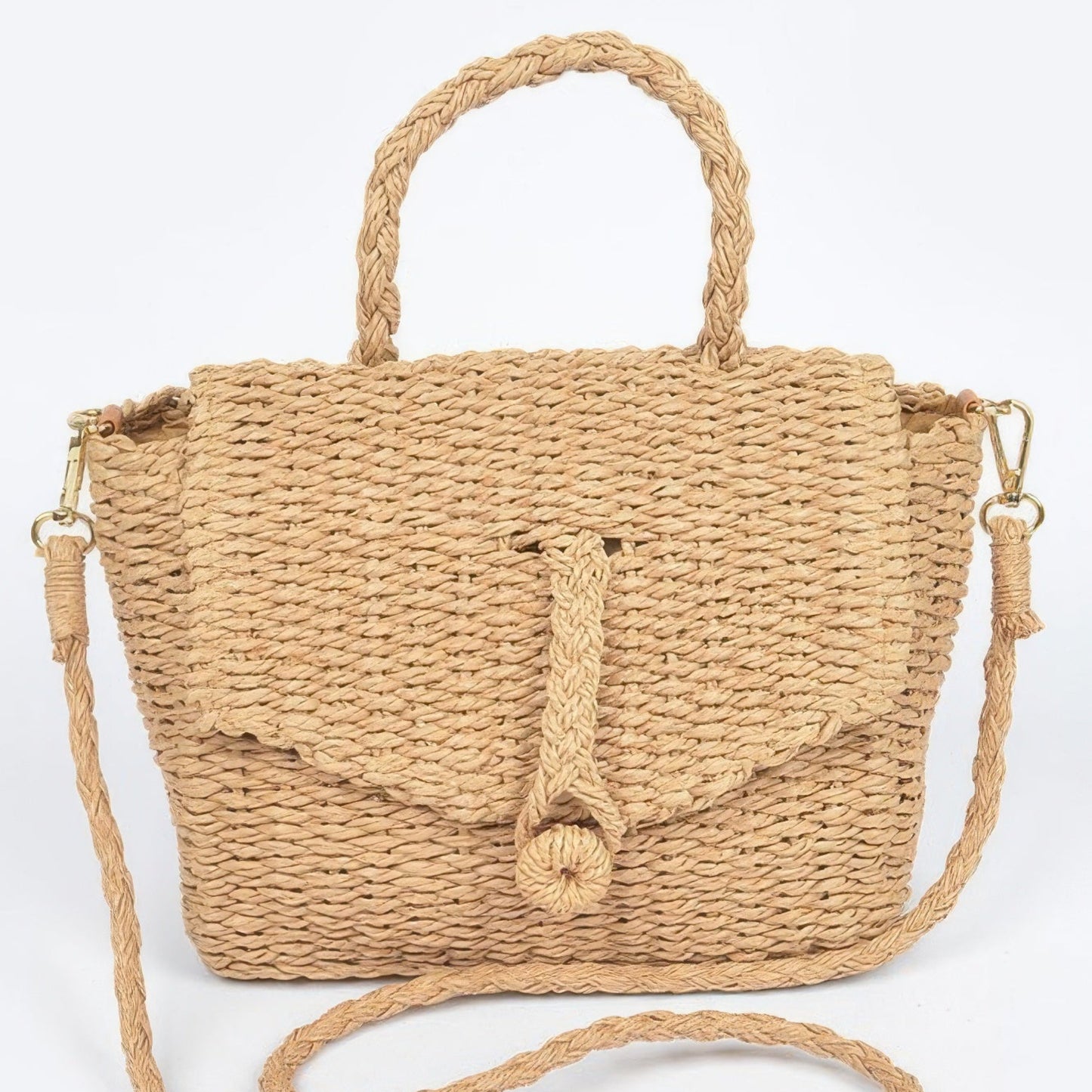 Faux Straw Weaved Clutch Bag in Khaki - Front View 