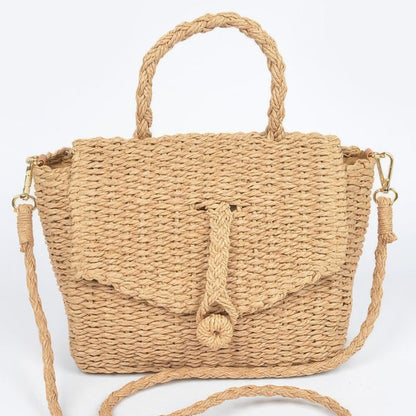 Faux Straw Weaved Clutch Bag in Khaki - Front View 