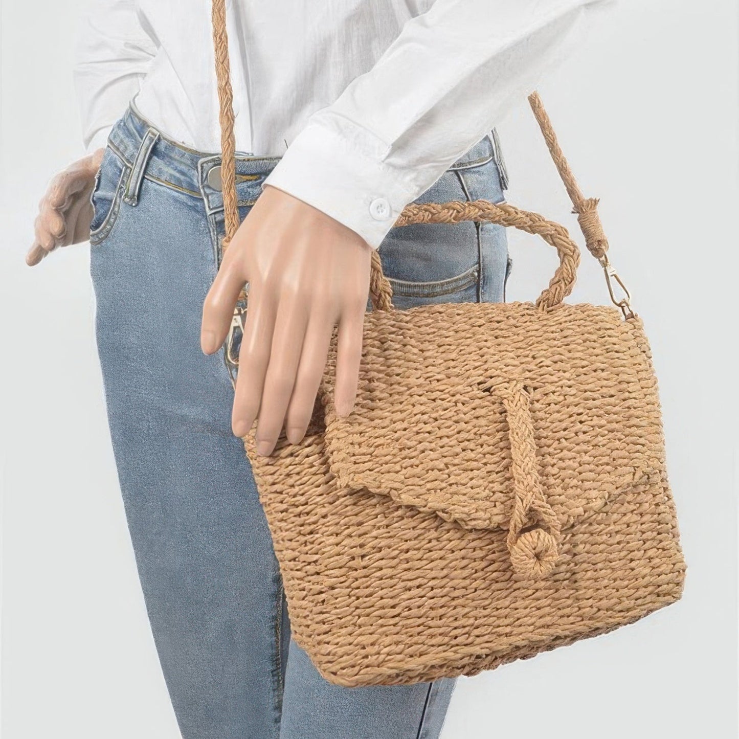 Faux Straw Weaved Clutch Bag in Khaki - Lifestyle View