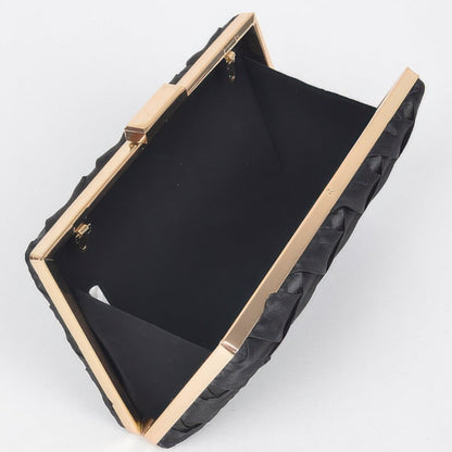 Cross Hatched Chain Clutch in Black - Detail View 
