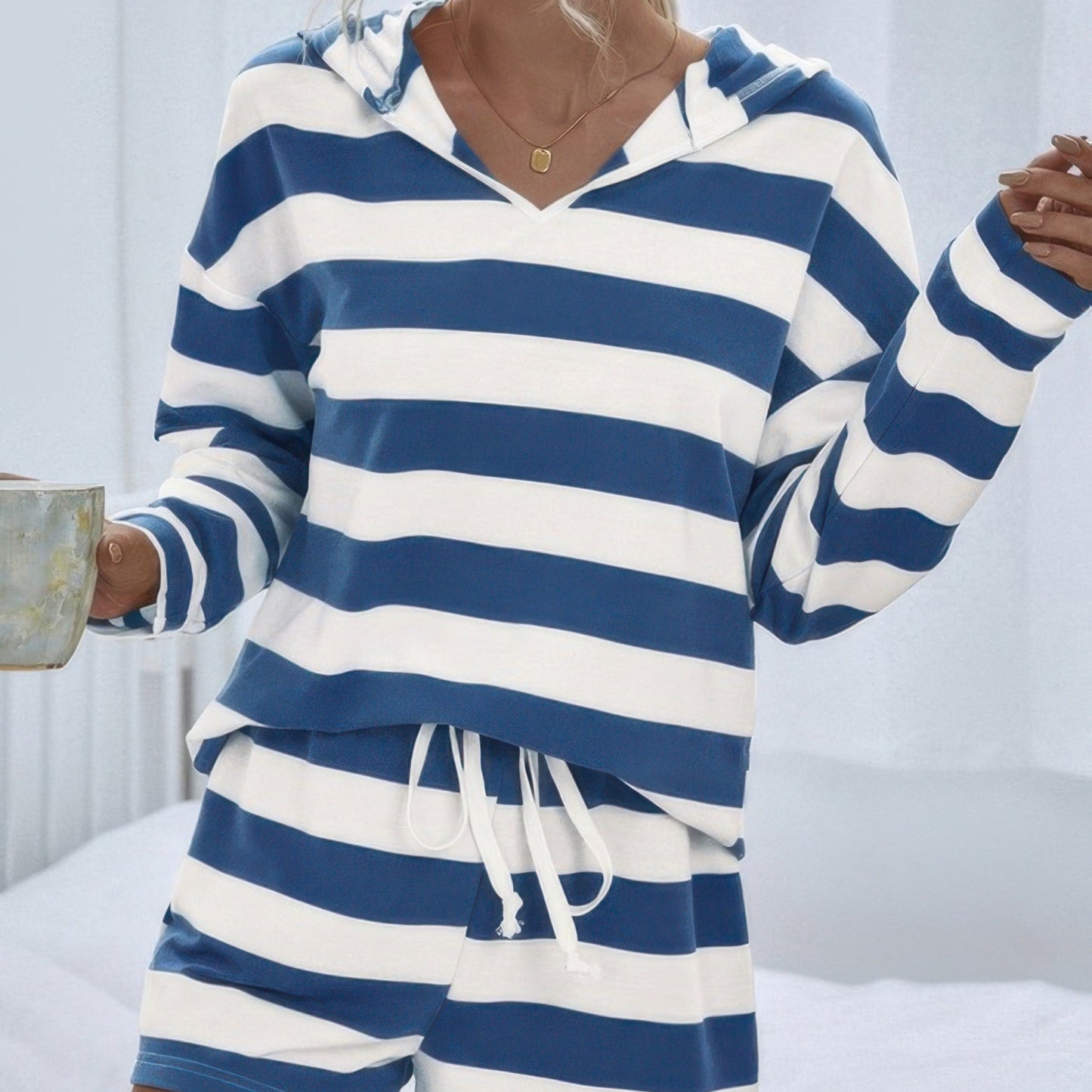 Striped Pajama Oversized Long Sleeve Two Piece Set in Navy - Front View 