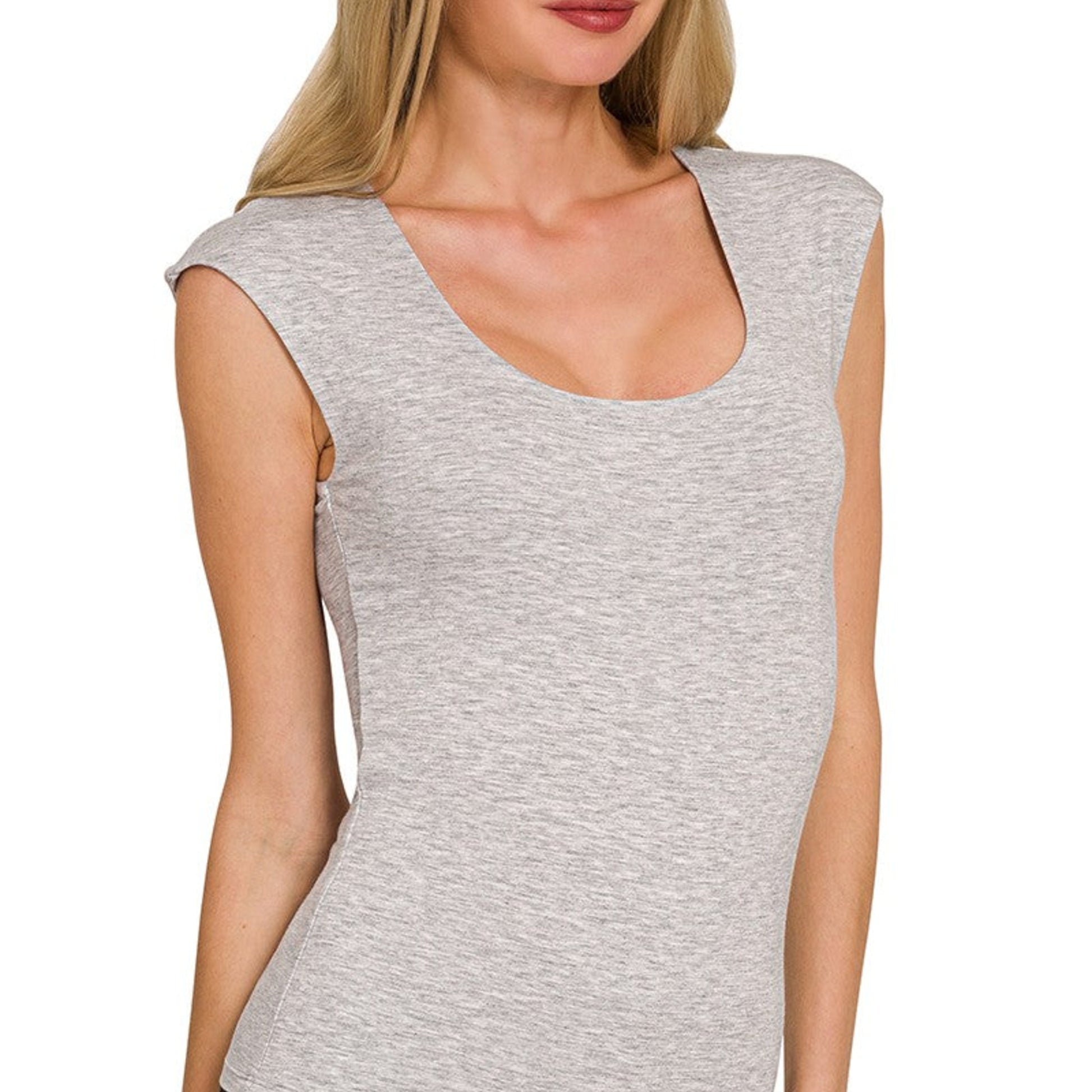 Detailed view of the double-layered design and scoop neckline on the Zenana H Grey tank.