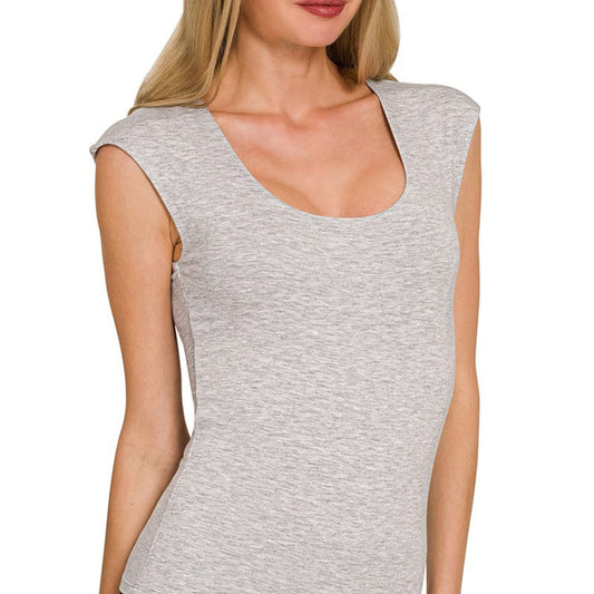 Detailed view of the double-layered design and scoop neckline on the Zenana H Grey tank.