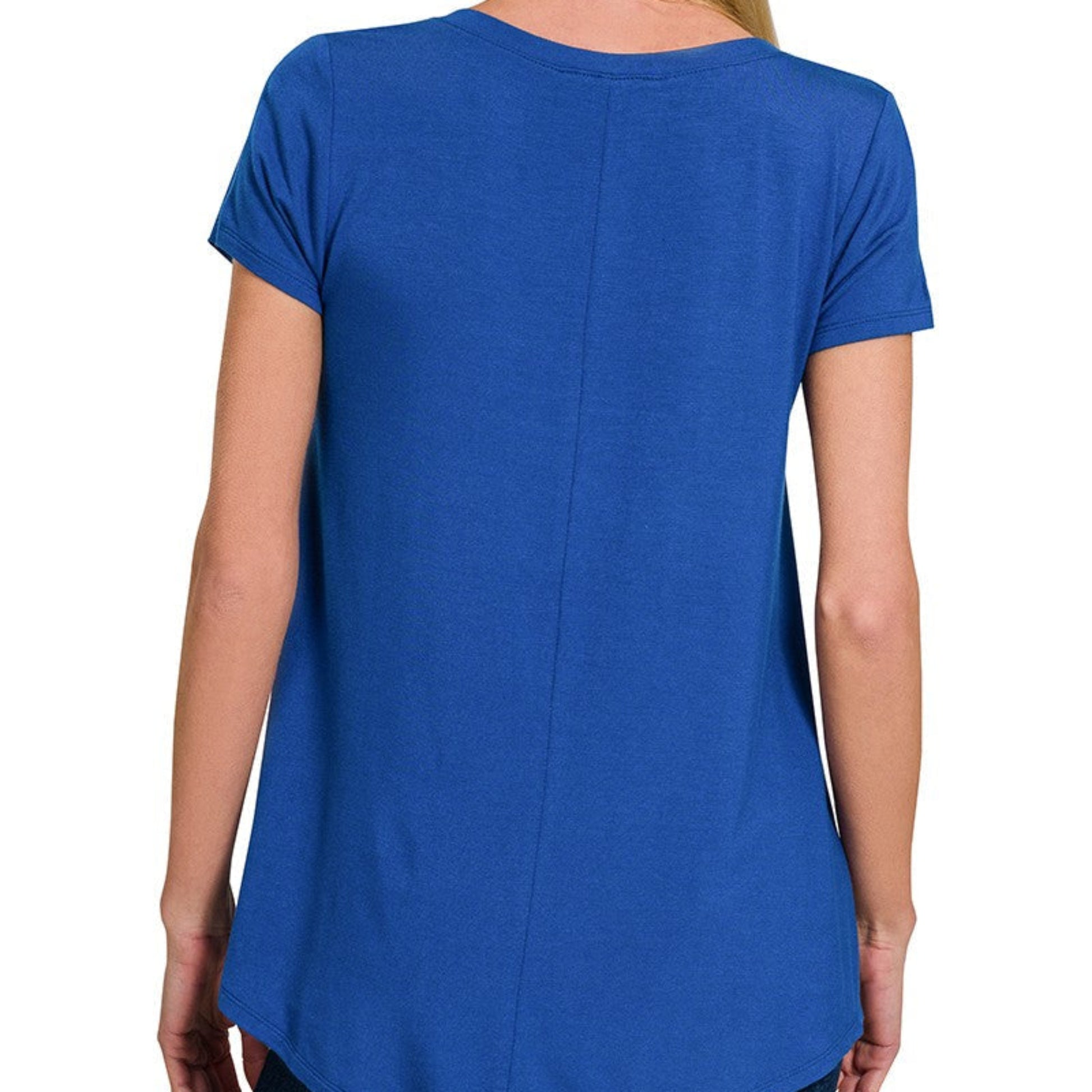 Woman wearing a blue t-shirt on a white background