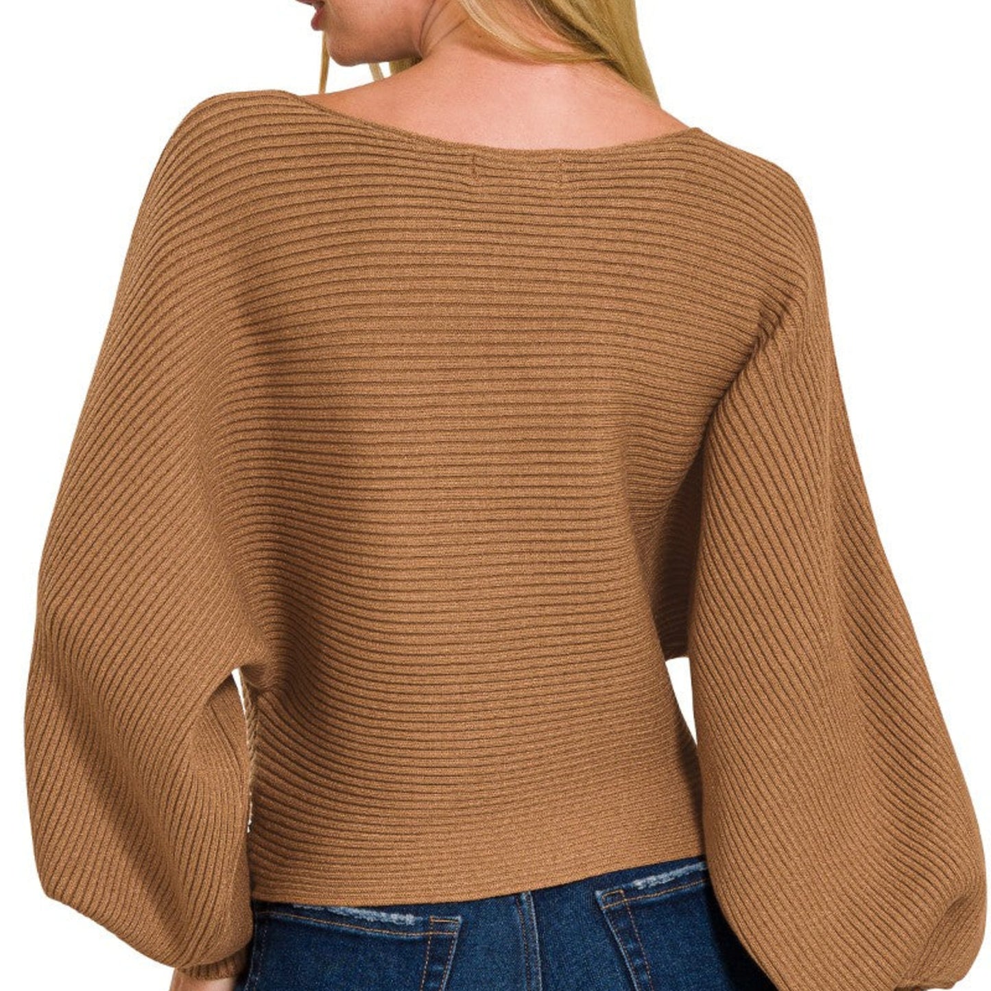 Back view of Zenana boat neck sweater showing the relaxed balloon sleeve fit.