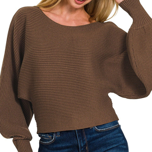 Model wearing a Zenana boat neck balloon sleeve sweater in brown - front view of women's ribbed knit pullover