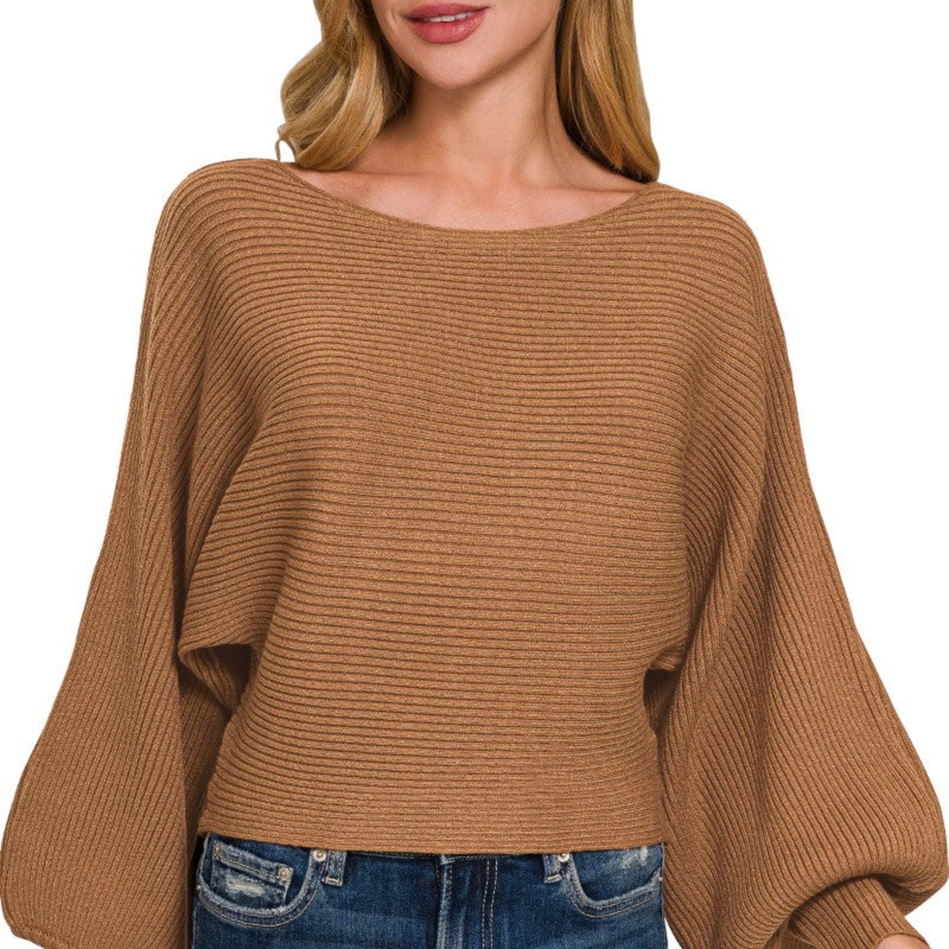 Front view of Zenana boat neck balloon sleeve sweater in Deep Camel.