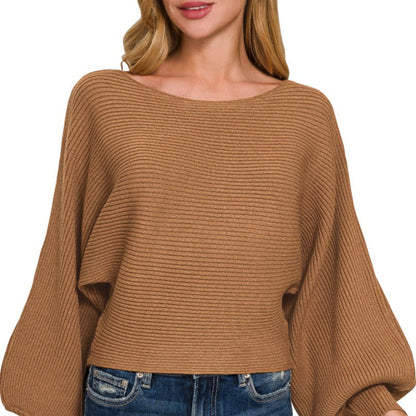 Front view of Zenana boat neck balloon sleeve sweater in Deep Camel.