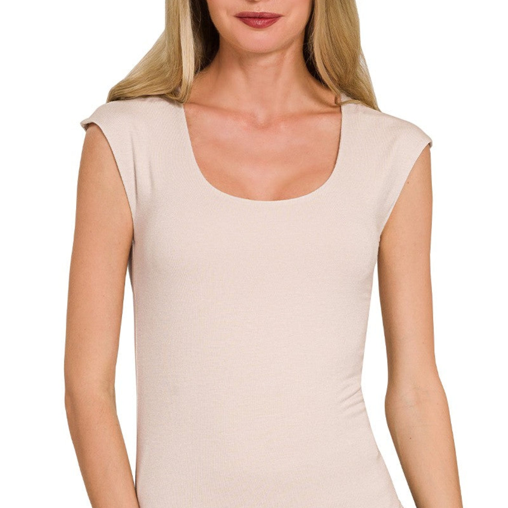 Front view of Zenana Double Layered Sleeveless Tank in Sand Beige.