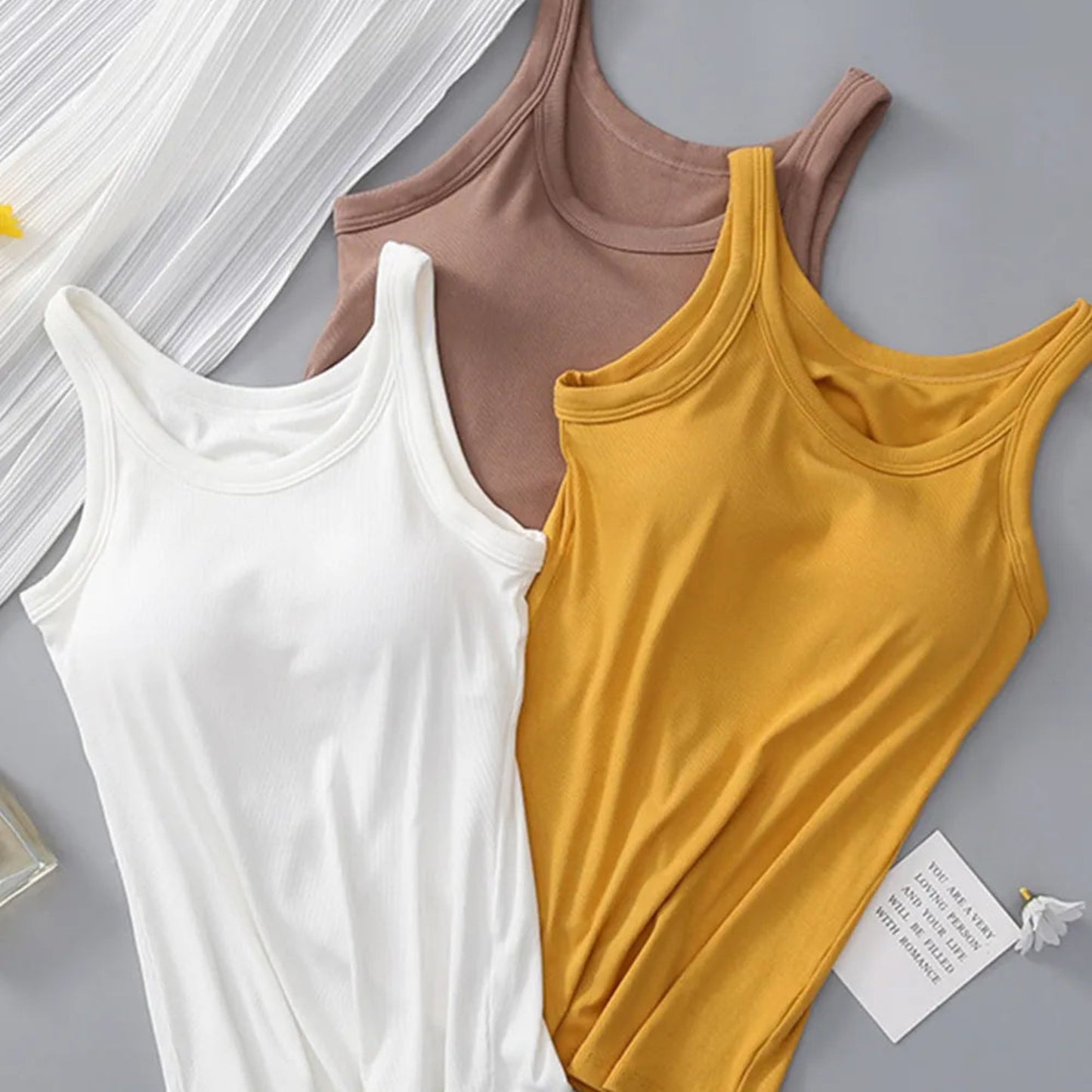 Round Neck Tank with Bra in white, mustard and khaki View