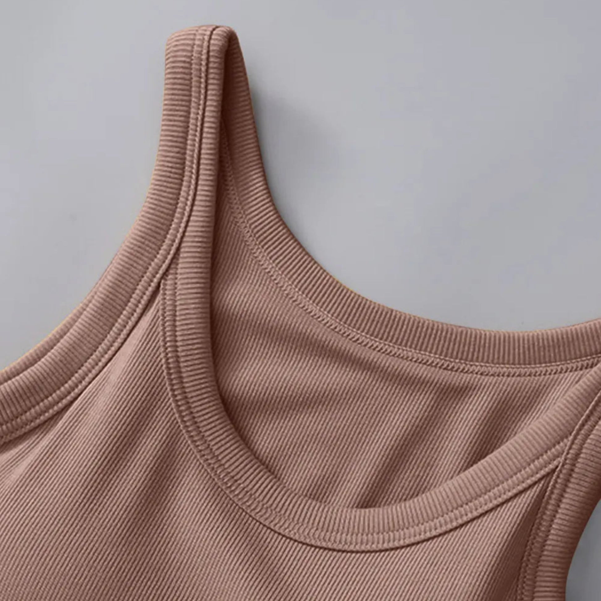 Round Neck Tank with Bra in Khaki - Detail View