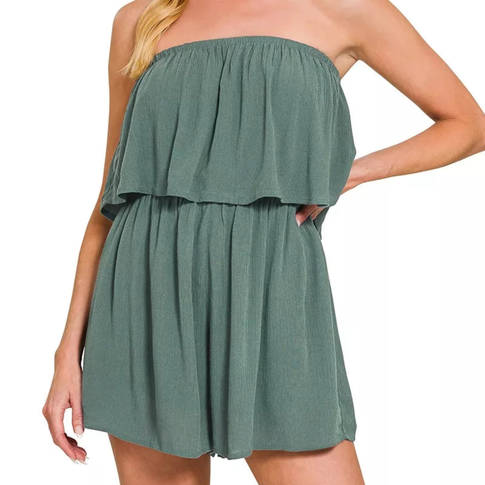Zenana Woven Crinkle Strapless Romper in Ash Jade - Front View 