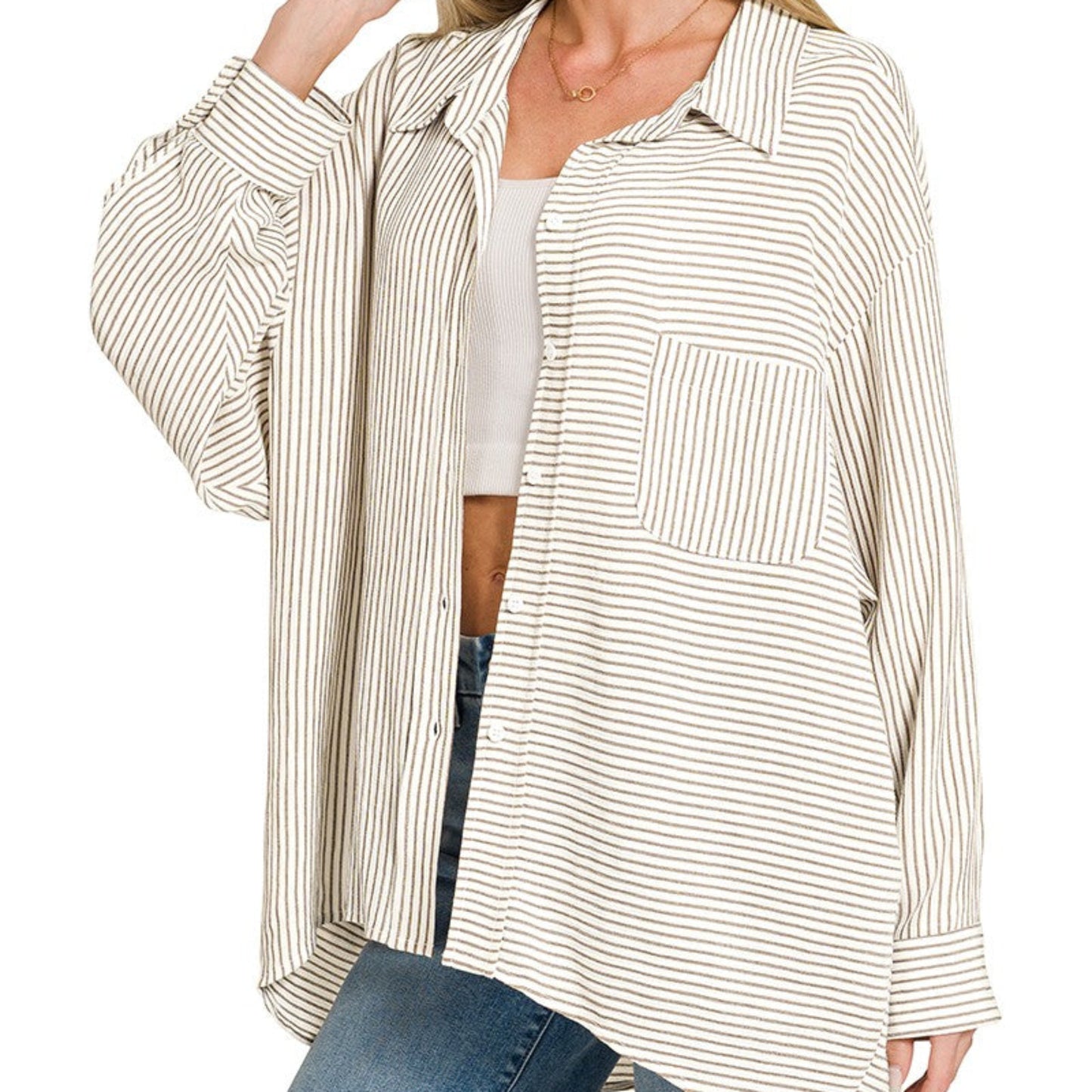 Human lifestyle photo of the Zenana taupe striped shirt being worn in a bright, natural setting.