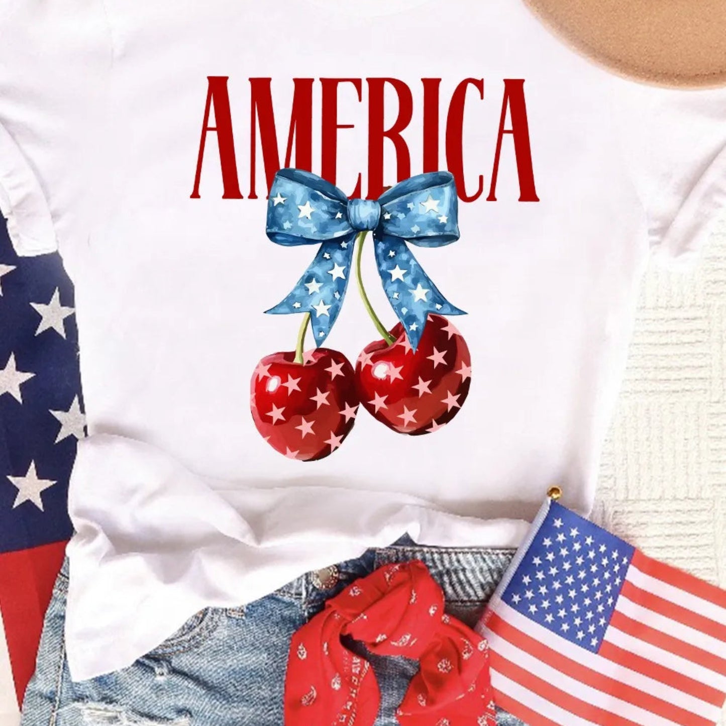 AMERICA Bow Cherry Crewneck T-Shirt in White- flat layout