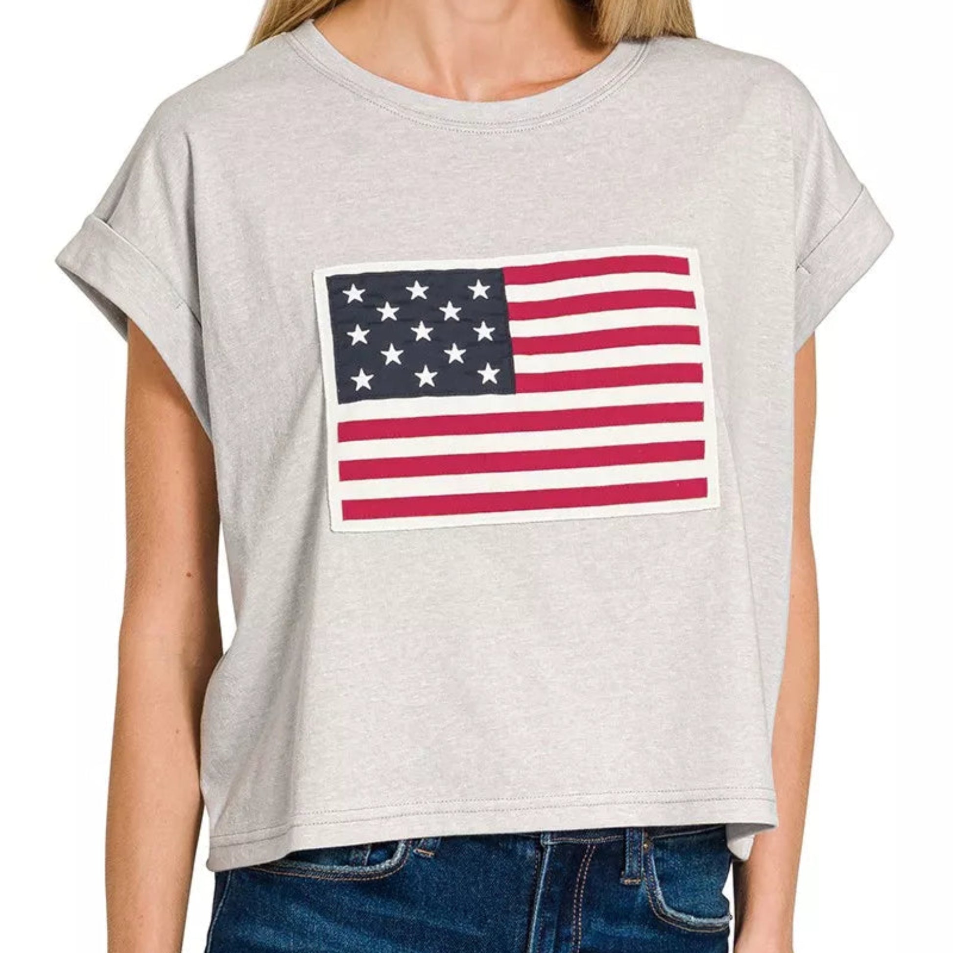 Zenana Round Neck Short Sleeve American Flag T-Shirt in Heather Grey - Front View