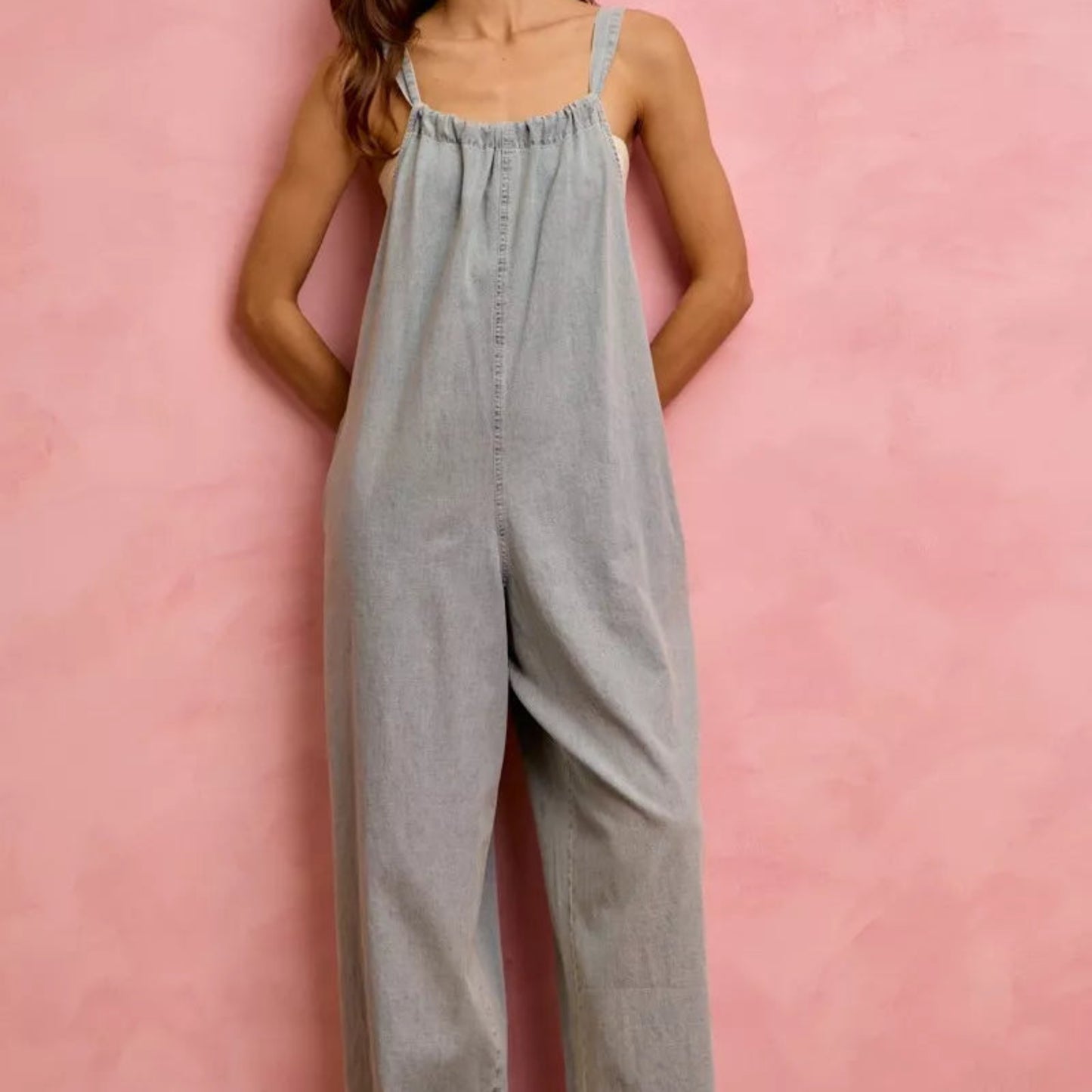 SO ME Wide Leg Lightweight Denim Overalls in Light Denim - Lifestyle View 10 