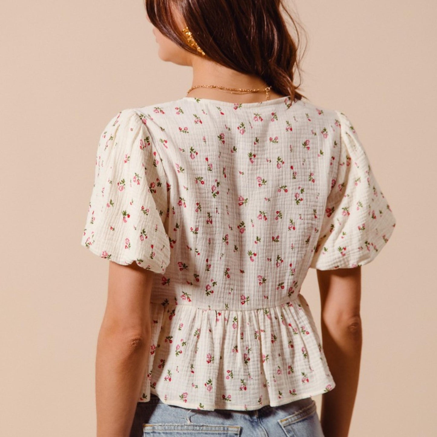 Back view of the Ditsy Floral Gauze Blouse in Ivory Red Check, showing the consistent print and quality construction.