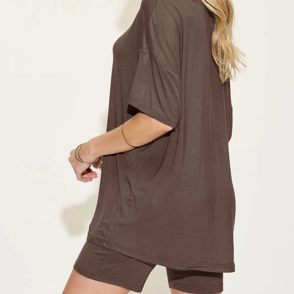Chocolate tee with matching shorts on a plain background