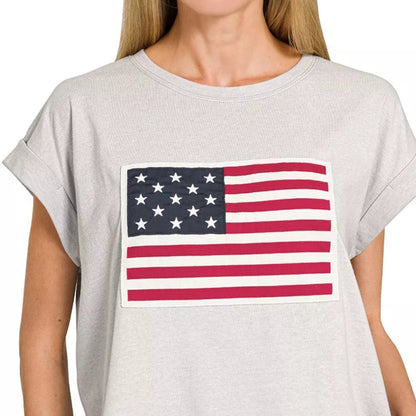 Zenana Round Neck Short Sleeve American Flag T-Shirt in Heather Grey - Lifestyle View 1