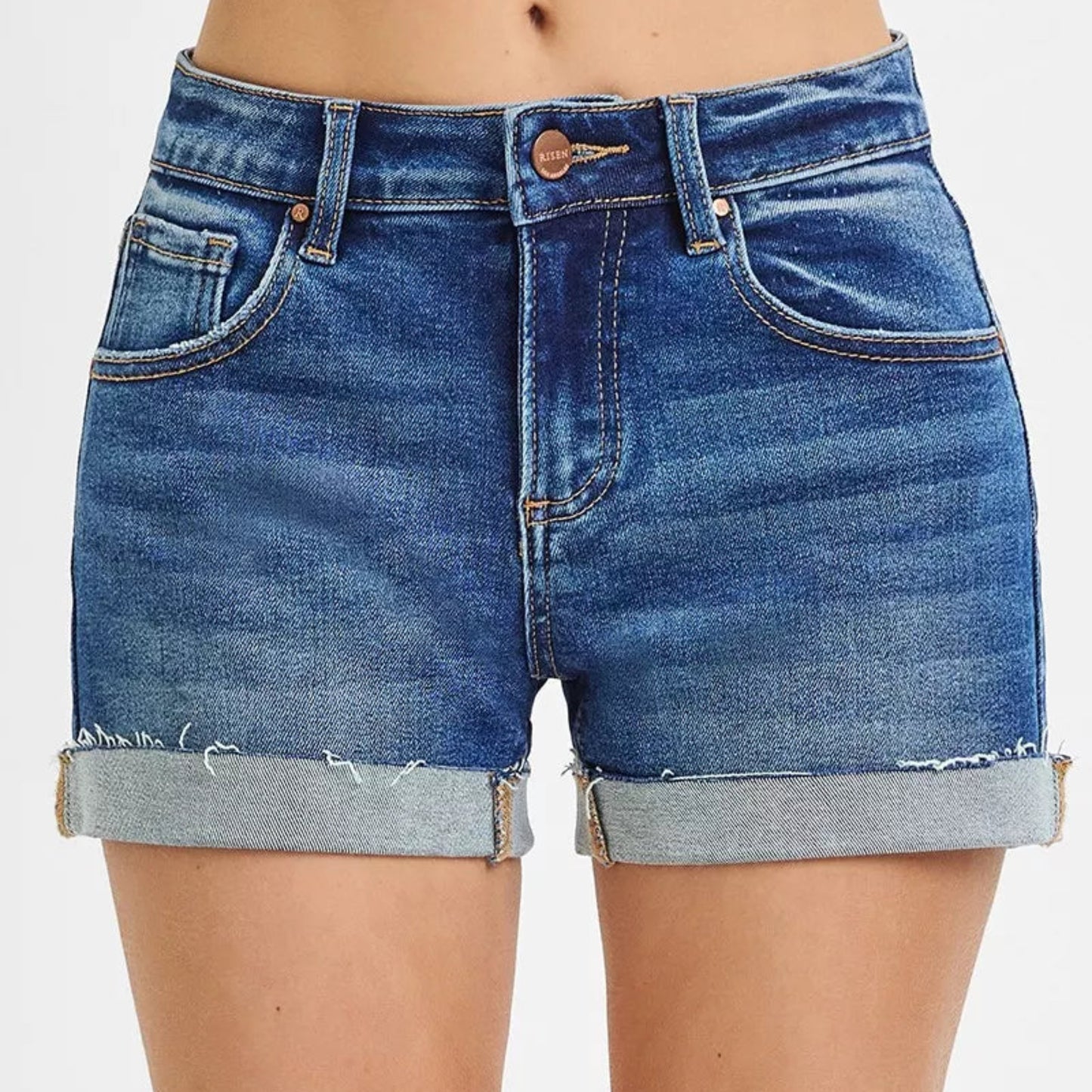 RISEN Low Rise Cuffed Denim Shorts in Dark Wash - Front View 