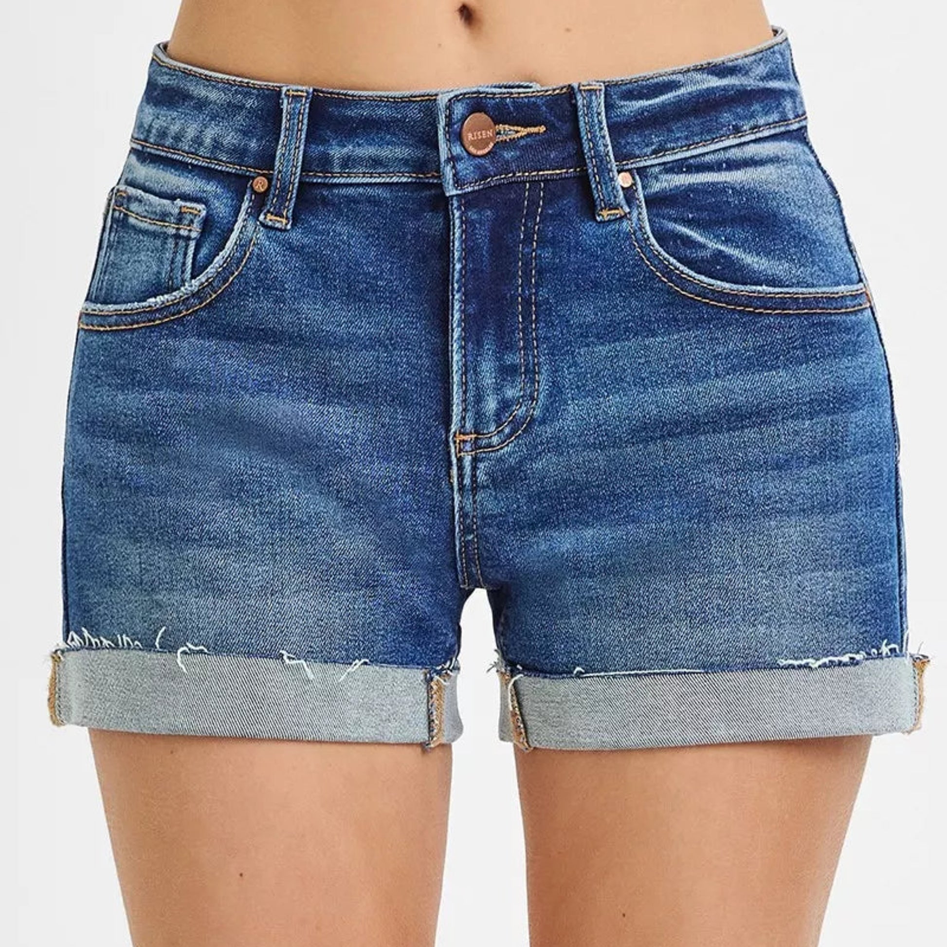RISEN Low Rise Cuffed Denim Shorts in Dark Wash - Front View 