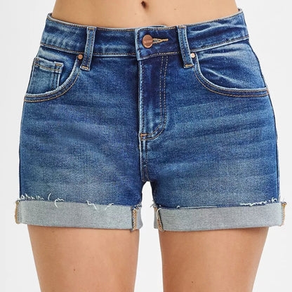 RISEN Low Rise Cuffed Denim Shorts in Dark Wash - Front View 