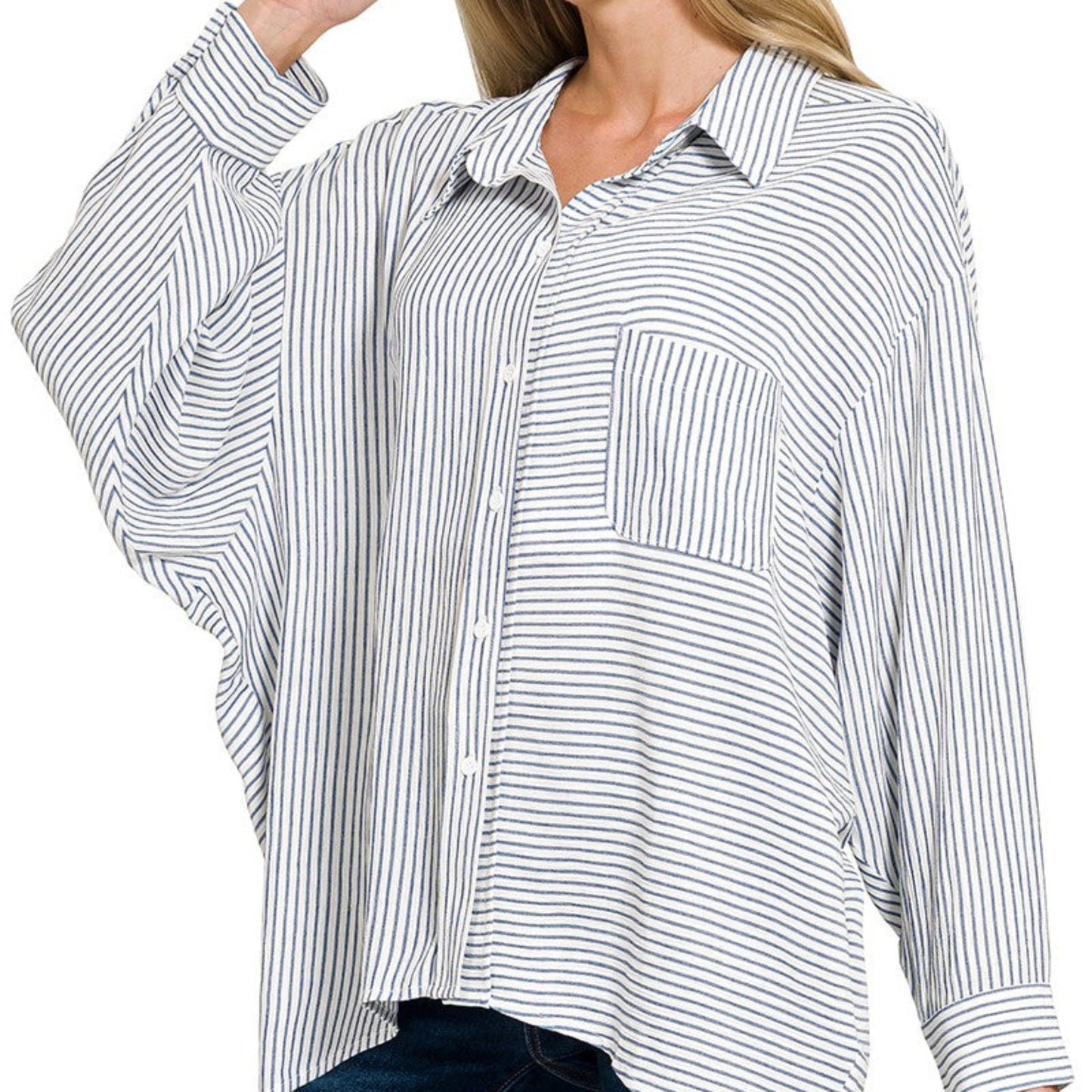 Detailed close-up of the soft woven rayon blend and crisp blue stripe pattern.